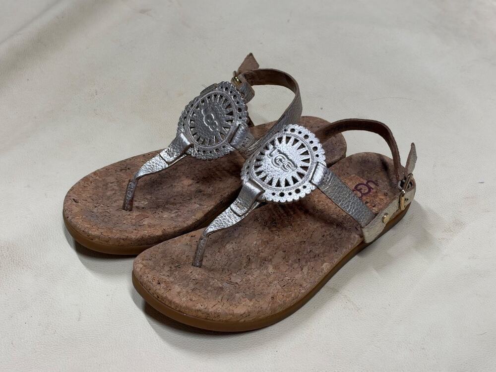 UGG 1099857 Womens Ayden II Slingback Thong Sandals Silver Metallic Leather 6.5